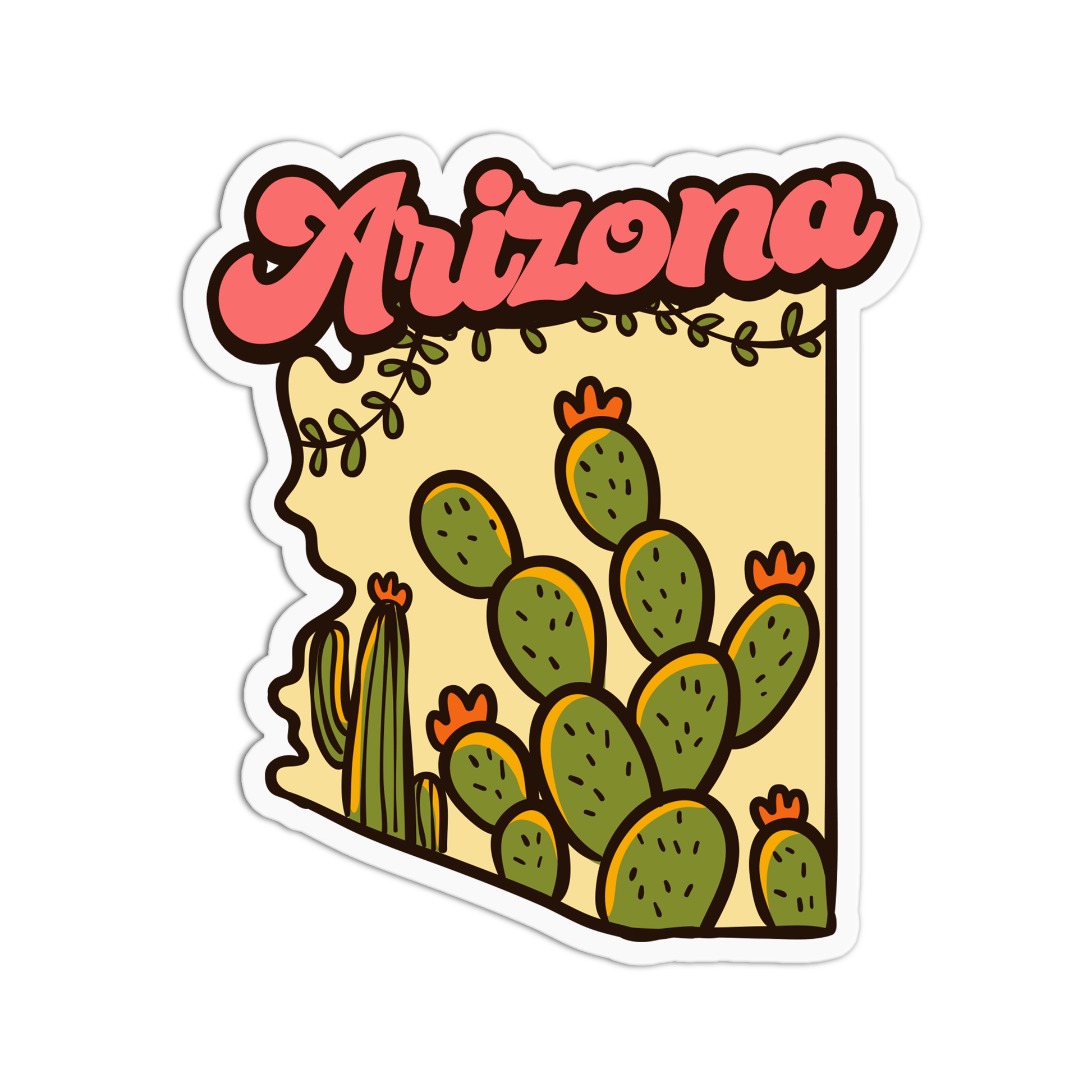 A sticker with a cartoonish illustration of Arizona with cacti and a red banner that says 'AZ'.