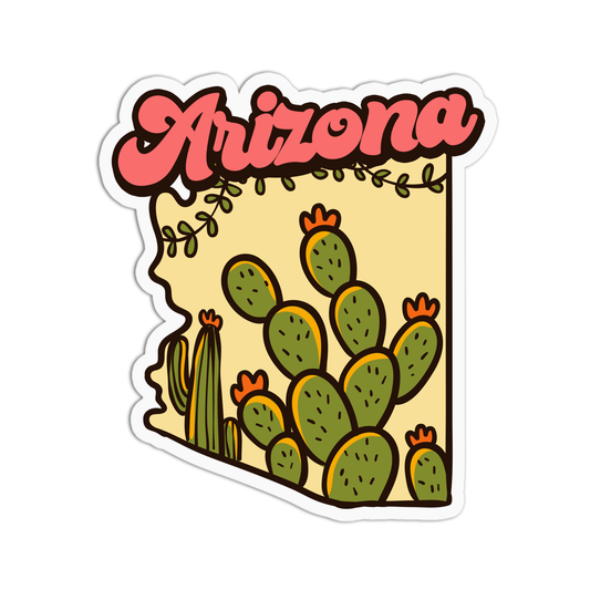 A sticker with a cartoonish illustration of Arizona with cacti and a red banner that says 'AZ'.