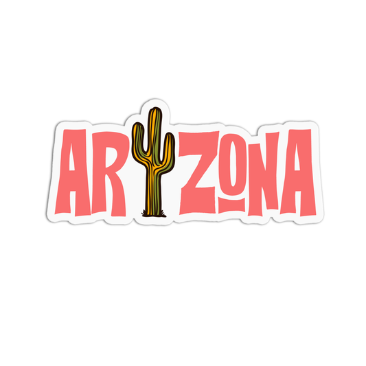 A sticker with the text 'ARIZONA' in pink and a small brown illustration of a cactus.