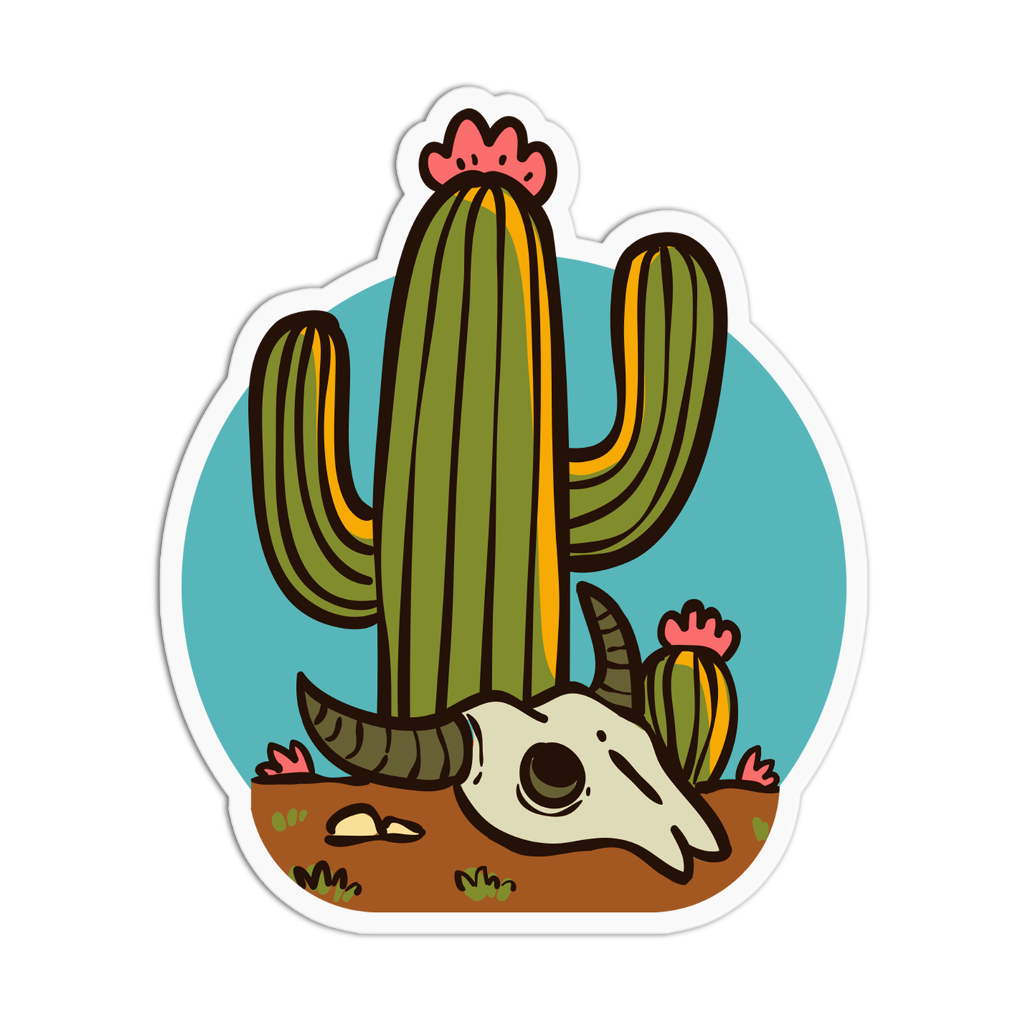 A sticker featuring a cartoon cactus with a skull and flowers, set against a blue background.