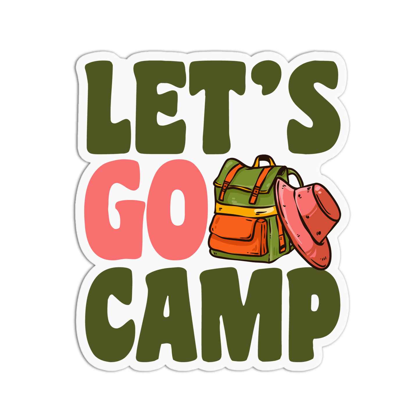 A sticker with the text 'LET'S GO CAMPING' and an illustration of a green backpack, a hat, and sunglasses on a green background.