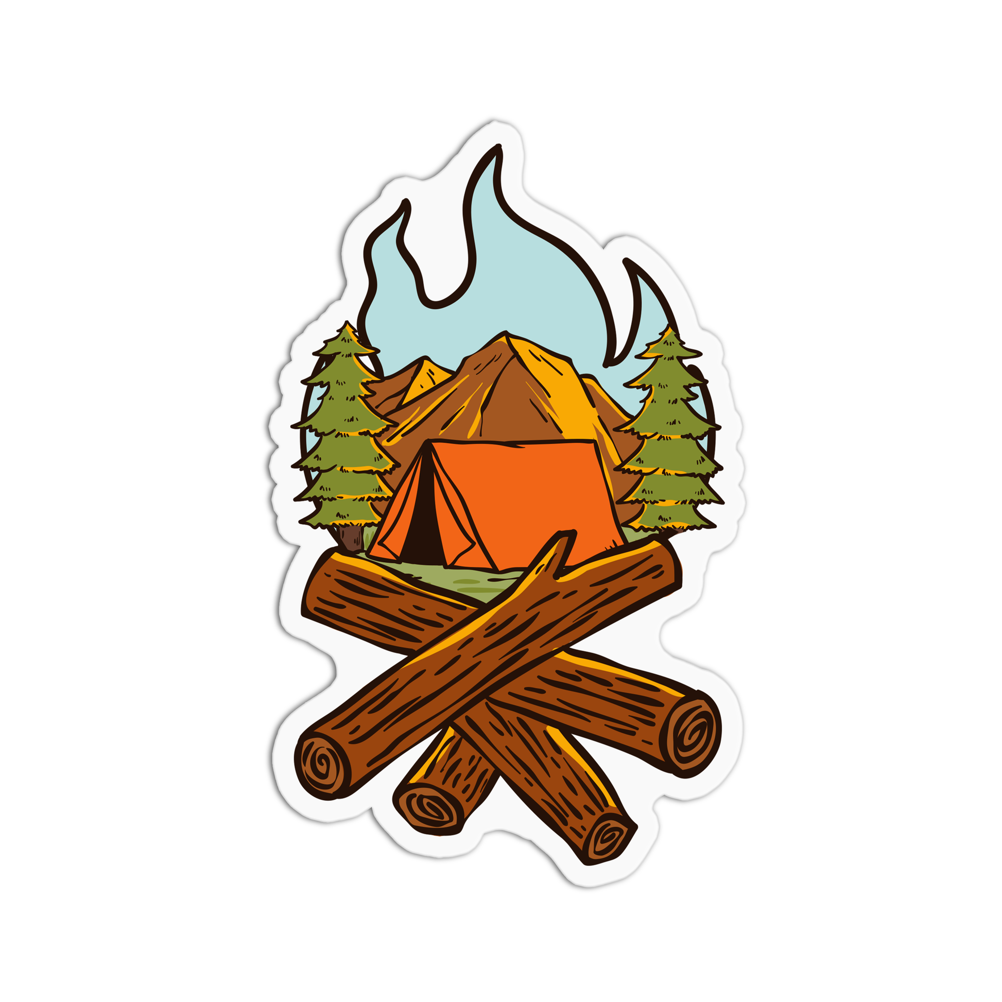 A sticker with an illustration of a cabin in a forest setting, with a campfire in the foreground and mountains in the background. The sticker has a blue sky, brown cabin, and trees, with a flame design element.