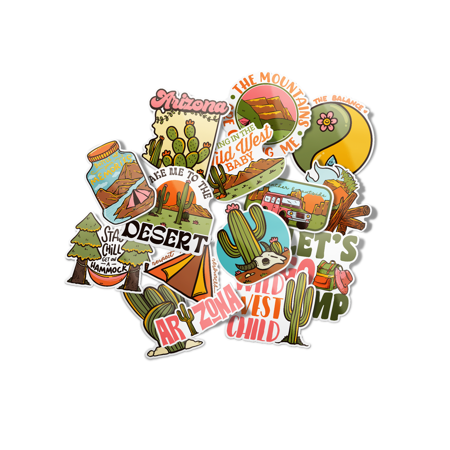 A collection of colorful Arizona-themed stickers featuring various designs such as the Grand Canyon, a cactus, and other state symbols.