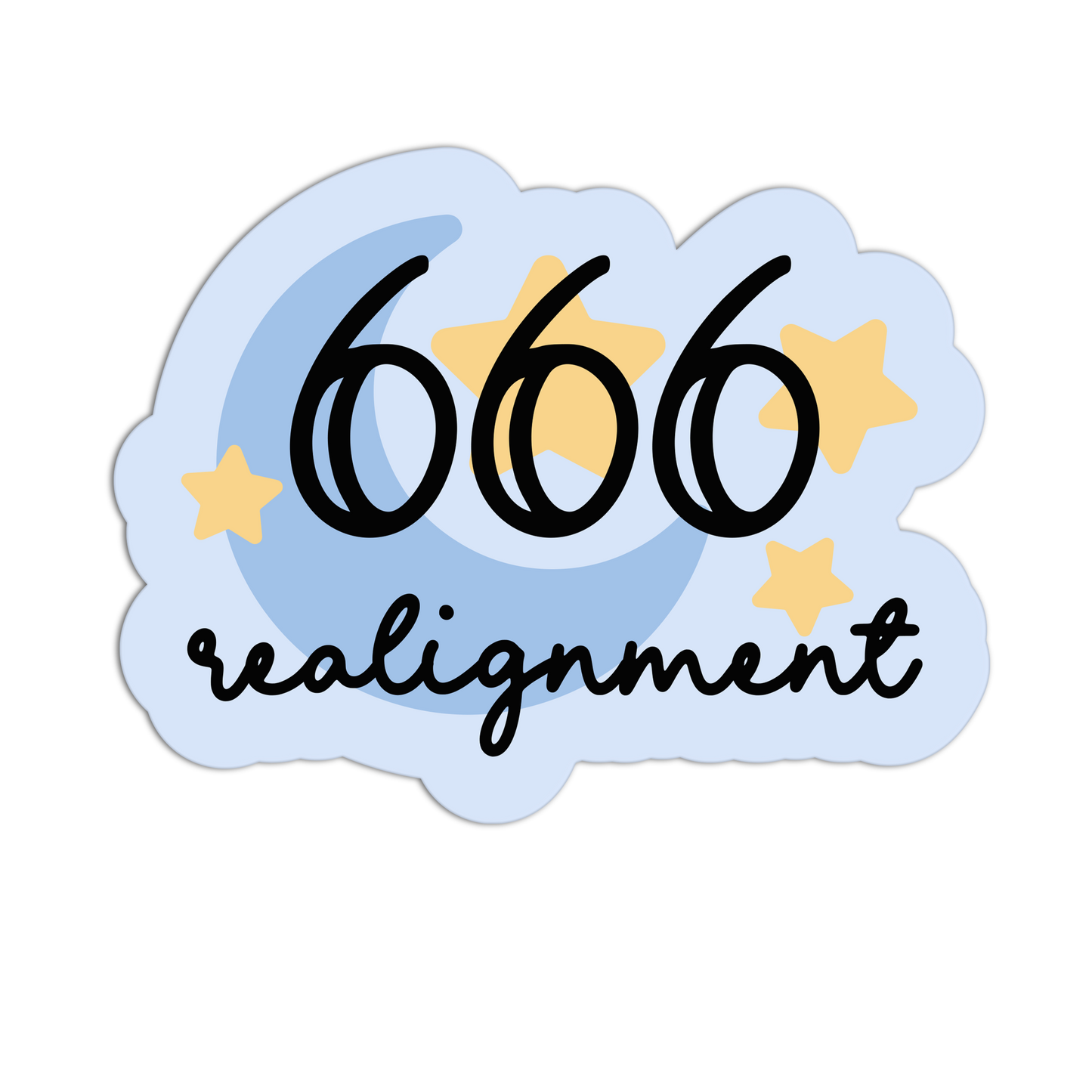Sticker with '666 realignment' text and stars on a light blue background