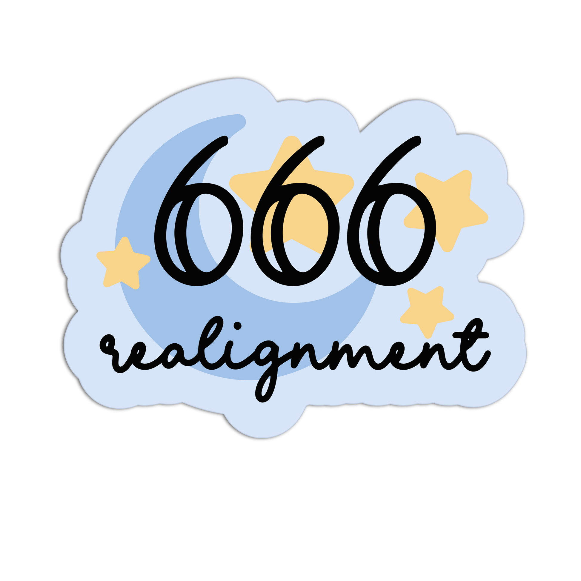 Sticker with '666 realignment' text and stars on a light blue background