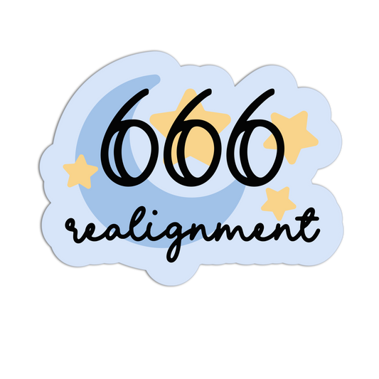 Sticker with '666 realignment' text and stars on a light blue background