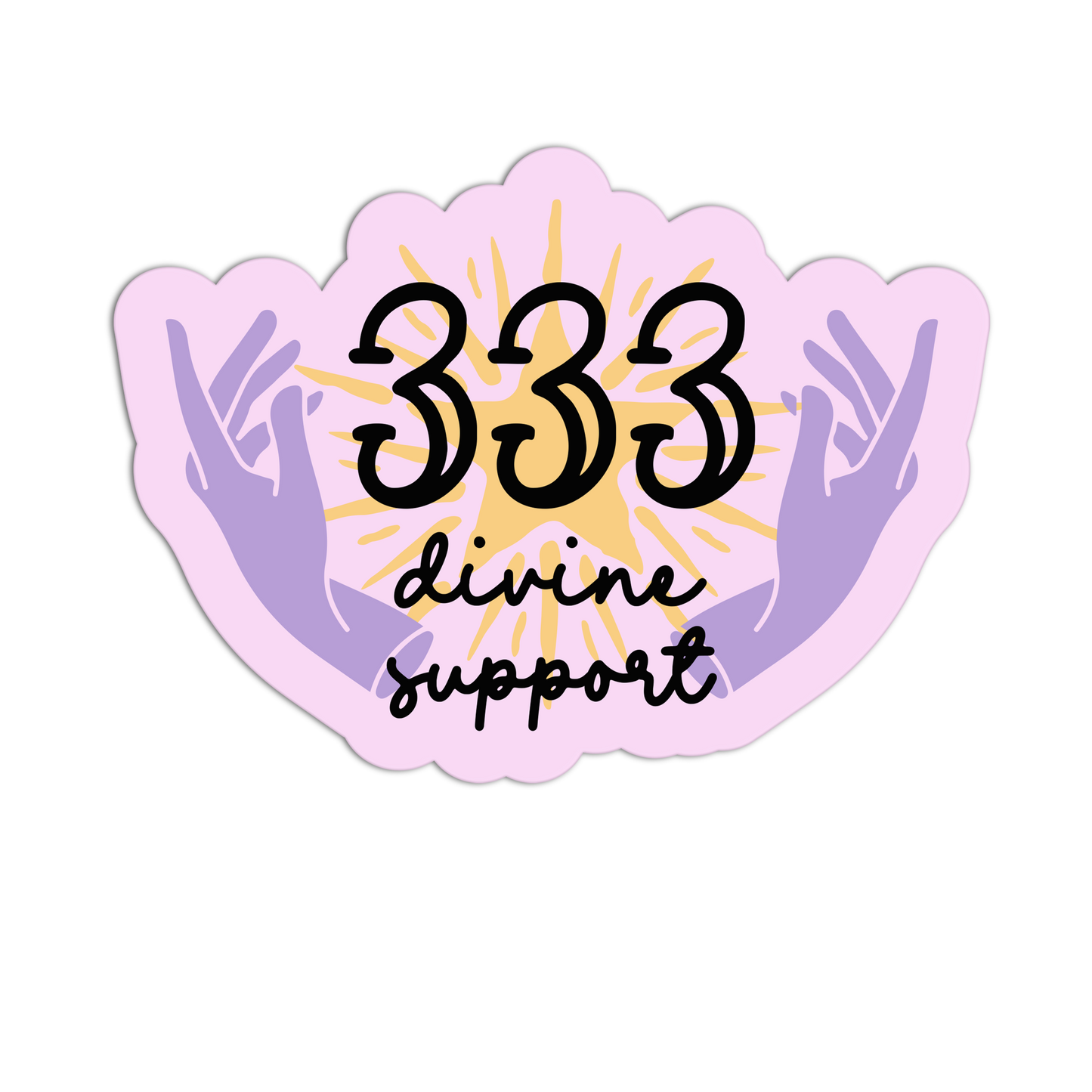 Sticker with '333 divine support' text and hands on a white background