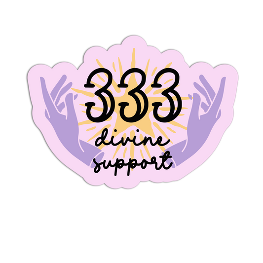 Sticker with '333 divine support' text and hands on a white background