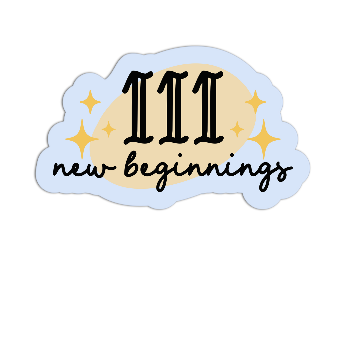Sticker with 'new beginnings' text on a light blue cloud-like background