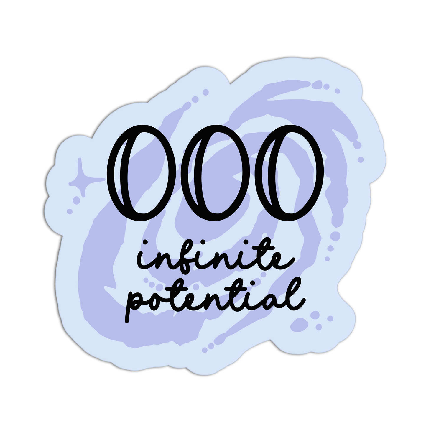 Sticker with 'infinite potential' text on a light blue watercolor background