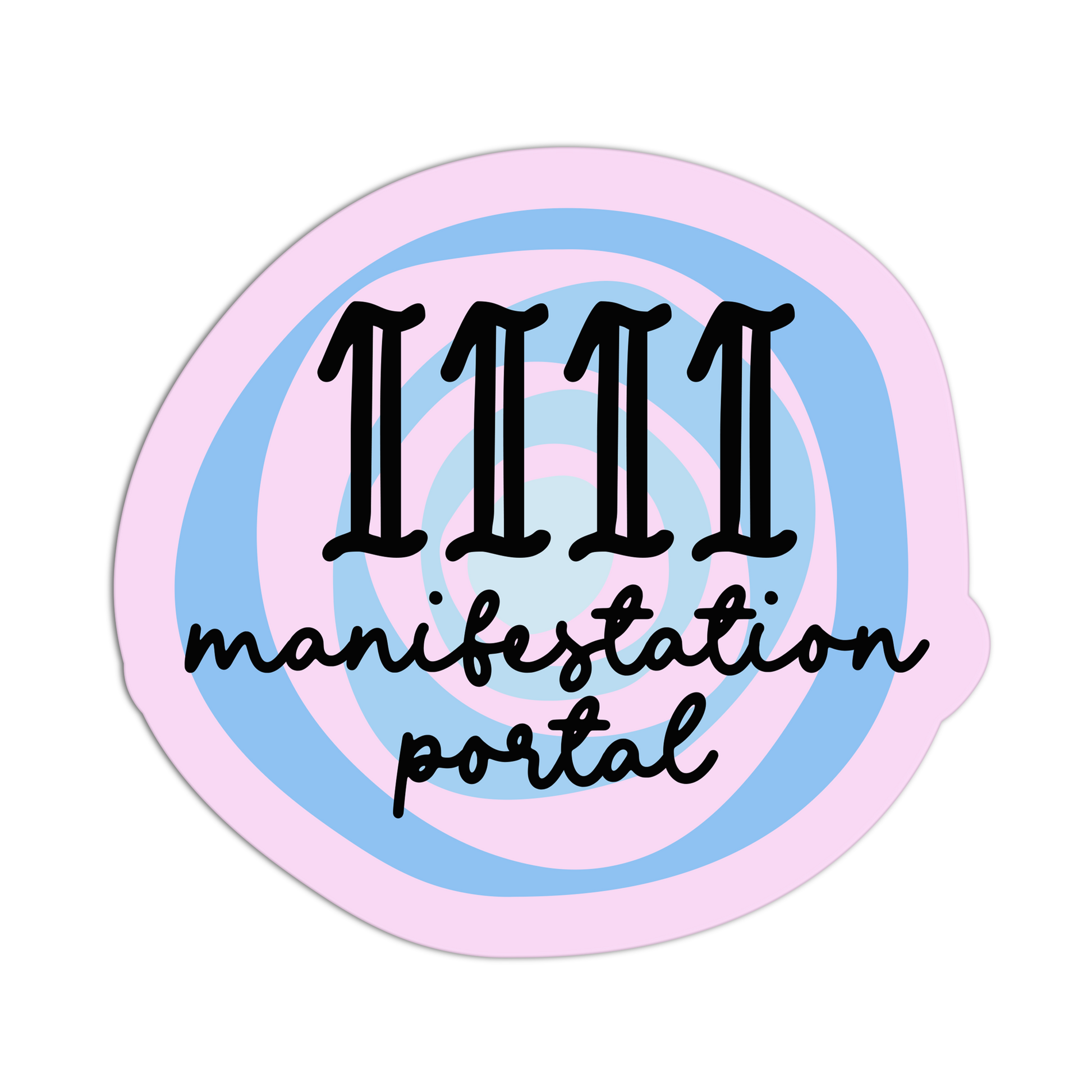 Circular logo with '1111 manifestation portal' text on a pink and blue spiral background