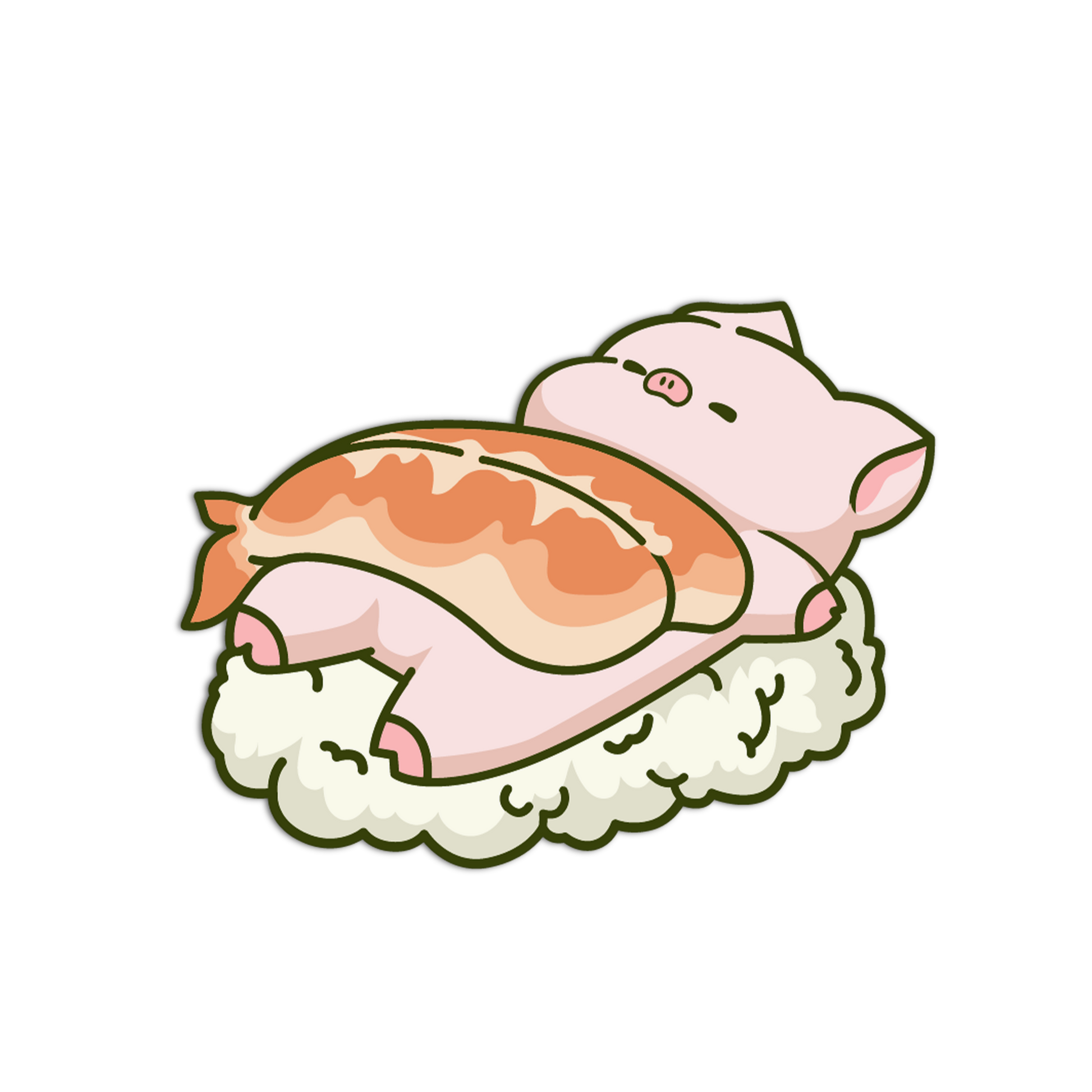 Cartoon pig on a piece of sushi with salmon on a white background
