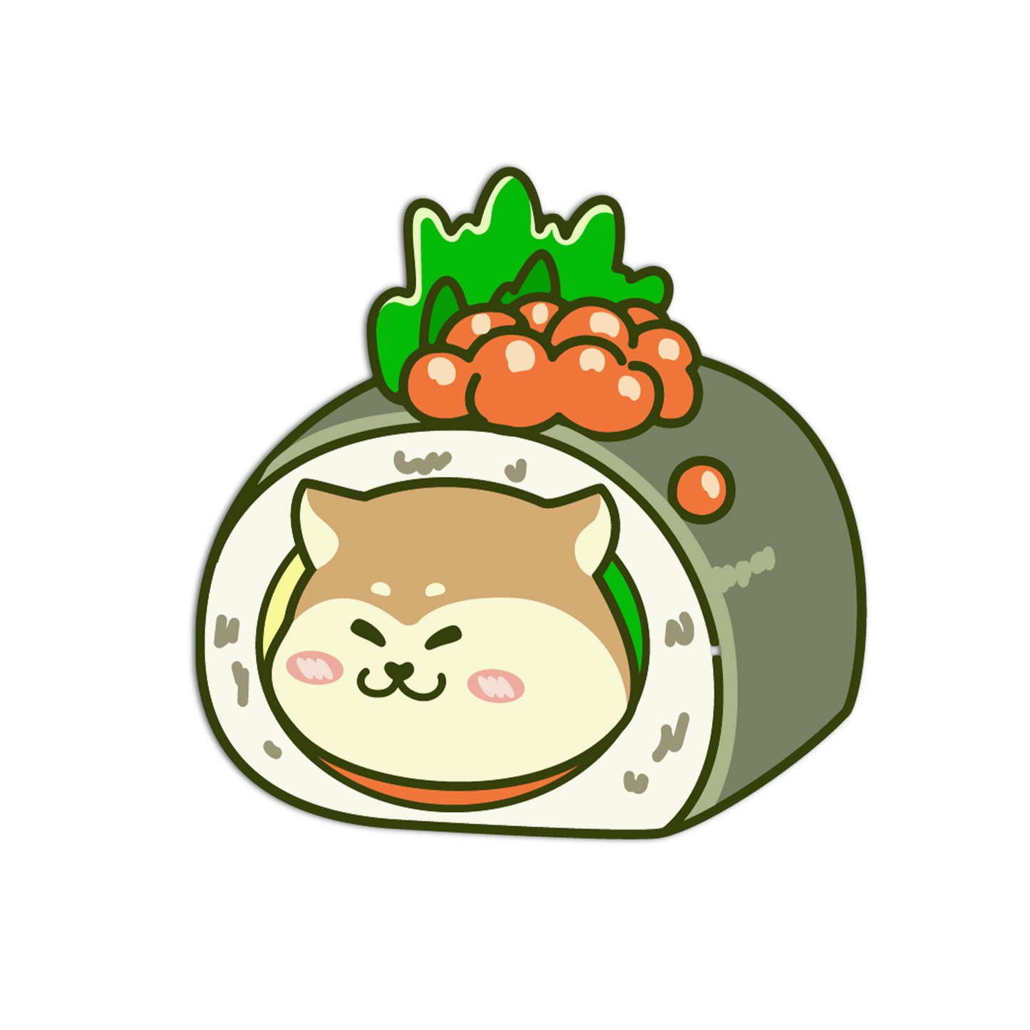 Cartoon cat face inside a sushi roll with wasabi and salmon on a white background