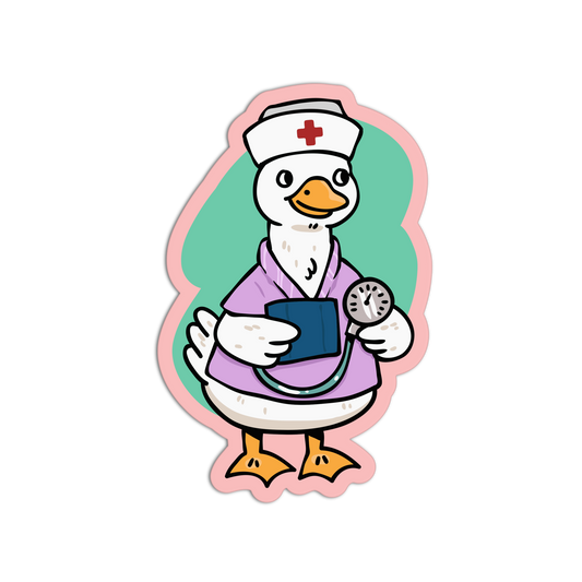 Cartoon duck in a nurse outfit holding a stethoscope on a white background