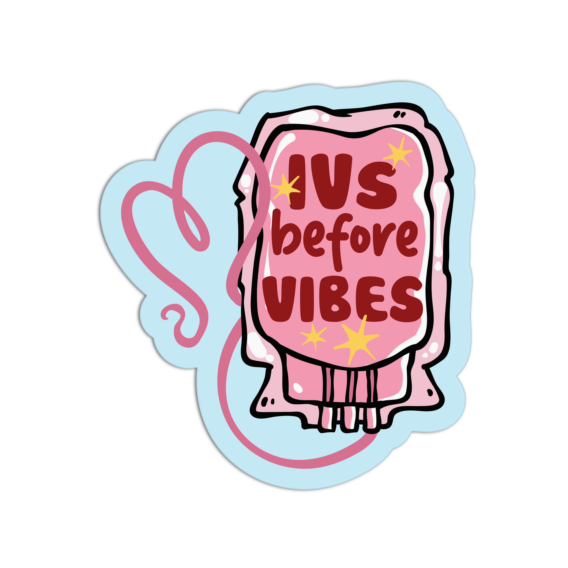 Sticker with 'IVS before VIBES' text on a pink background with stars.