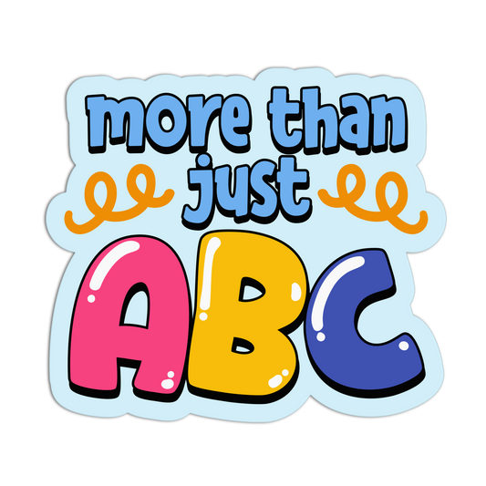 Colorful sticker with text 'more than just ABC' on a light blue background