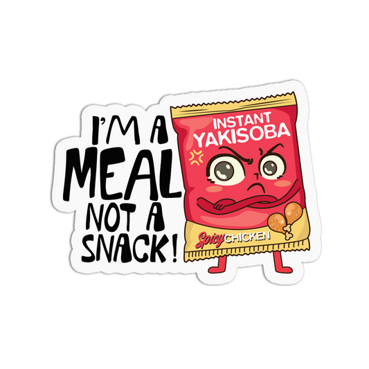 Cartoon instant yakisoba noodle packet with a face and text 'I'm a meal not a snack!' on a white background