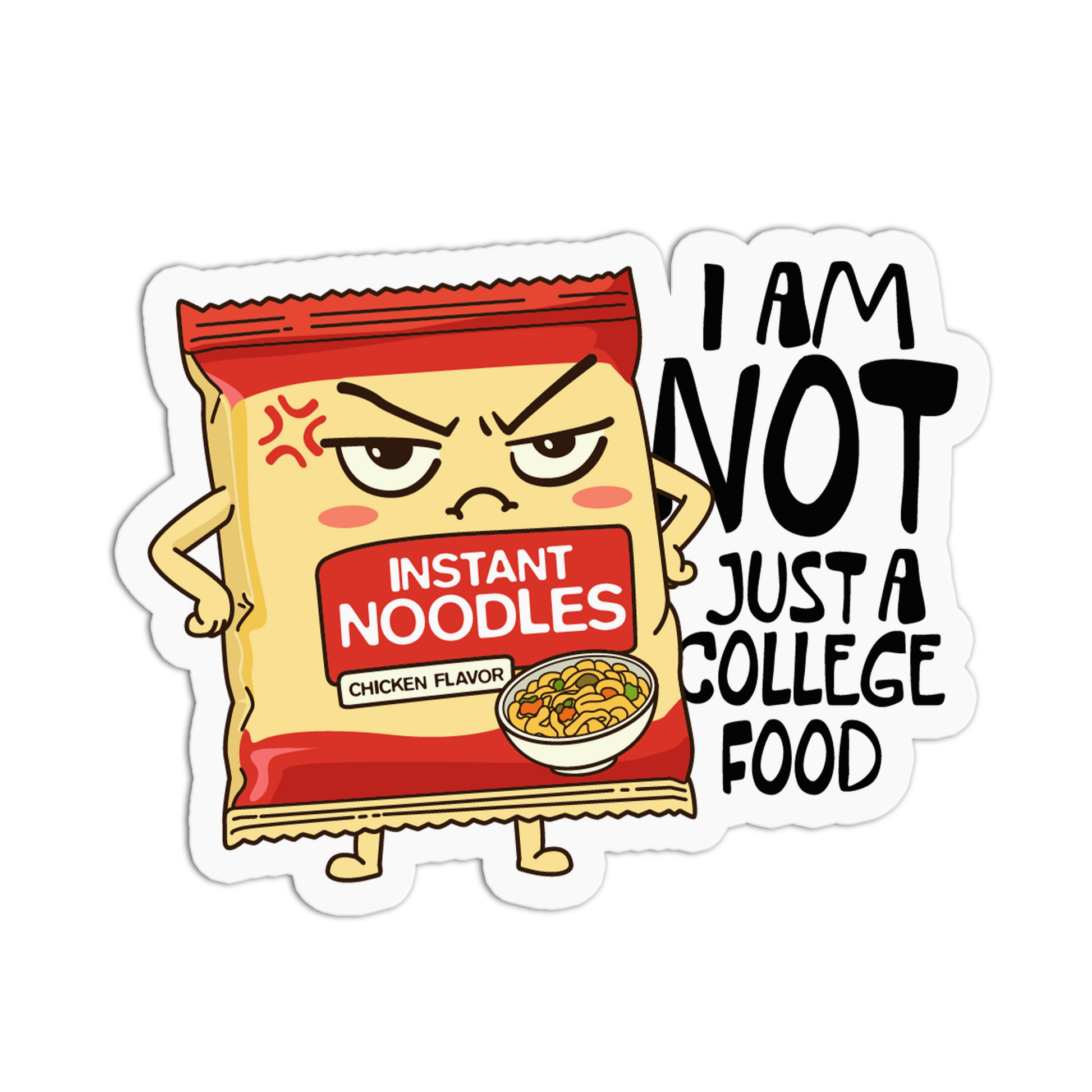 Cartoon instant noodles package with a humorous text on a white background