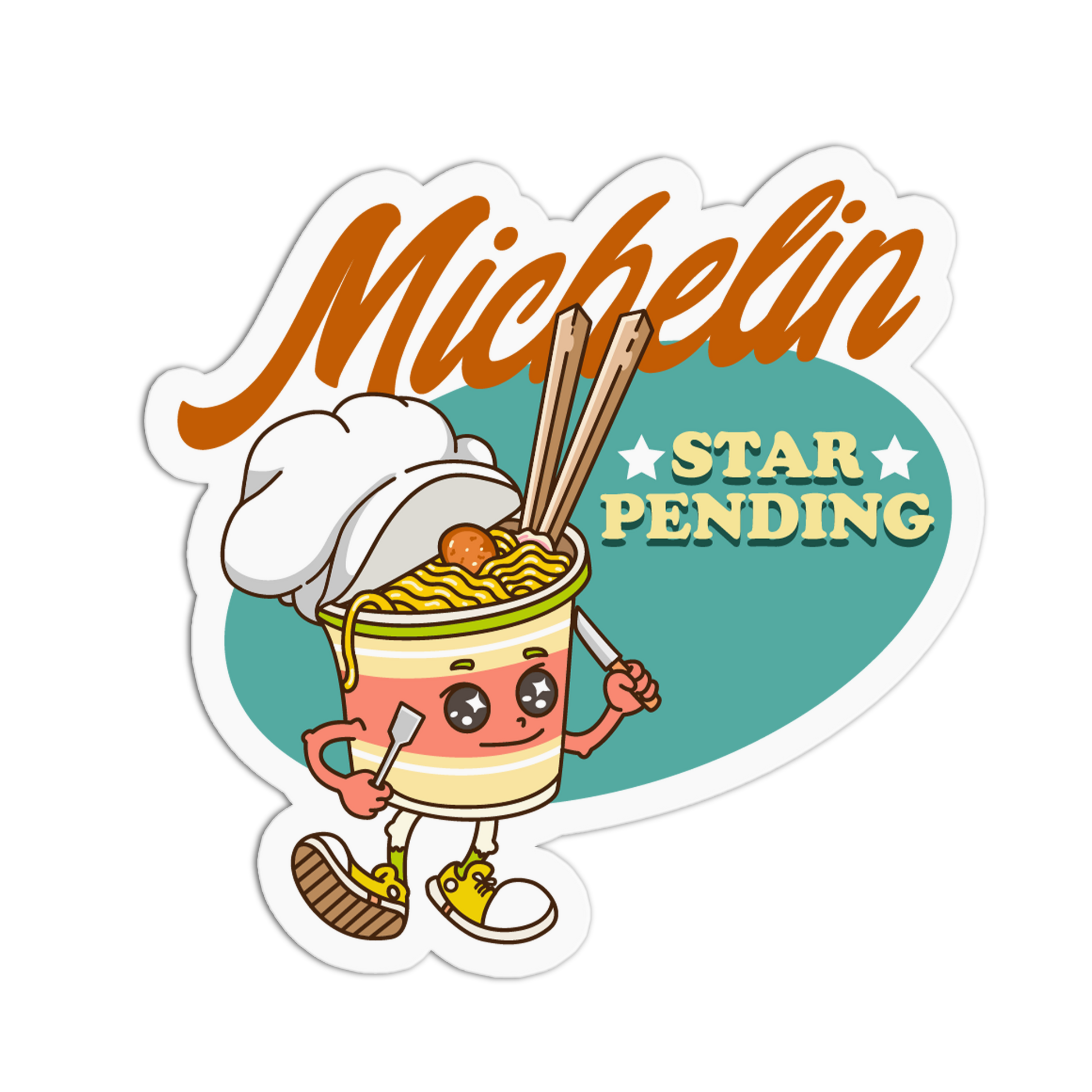 Cartoon noodle bowl character with chef hat and 'Michelin Star Pending' text on a white background