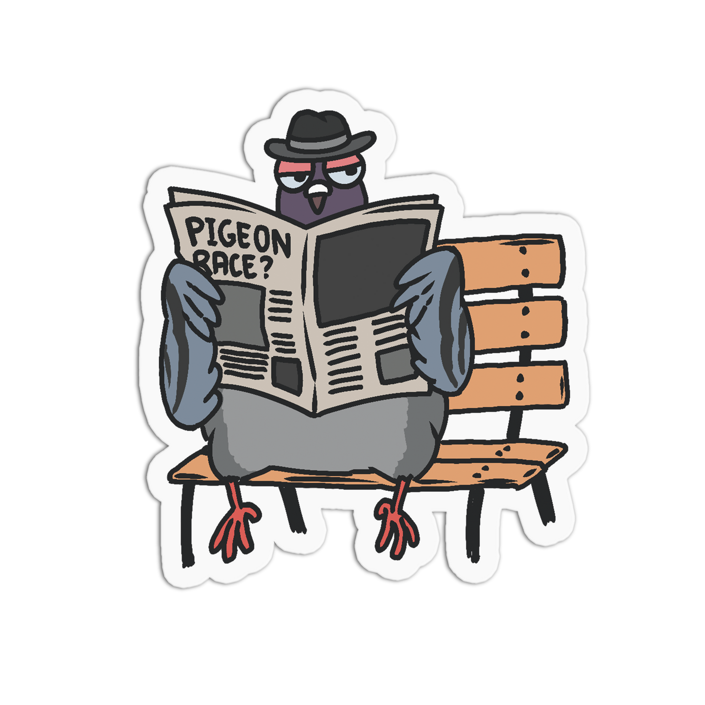 A die-cut cartoon sticker of a pigeon sitting on a bench and reading a newspaper that says 'PIGEON RACE?'. The pigeon wears a black hat and red glasses.