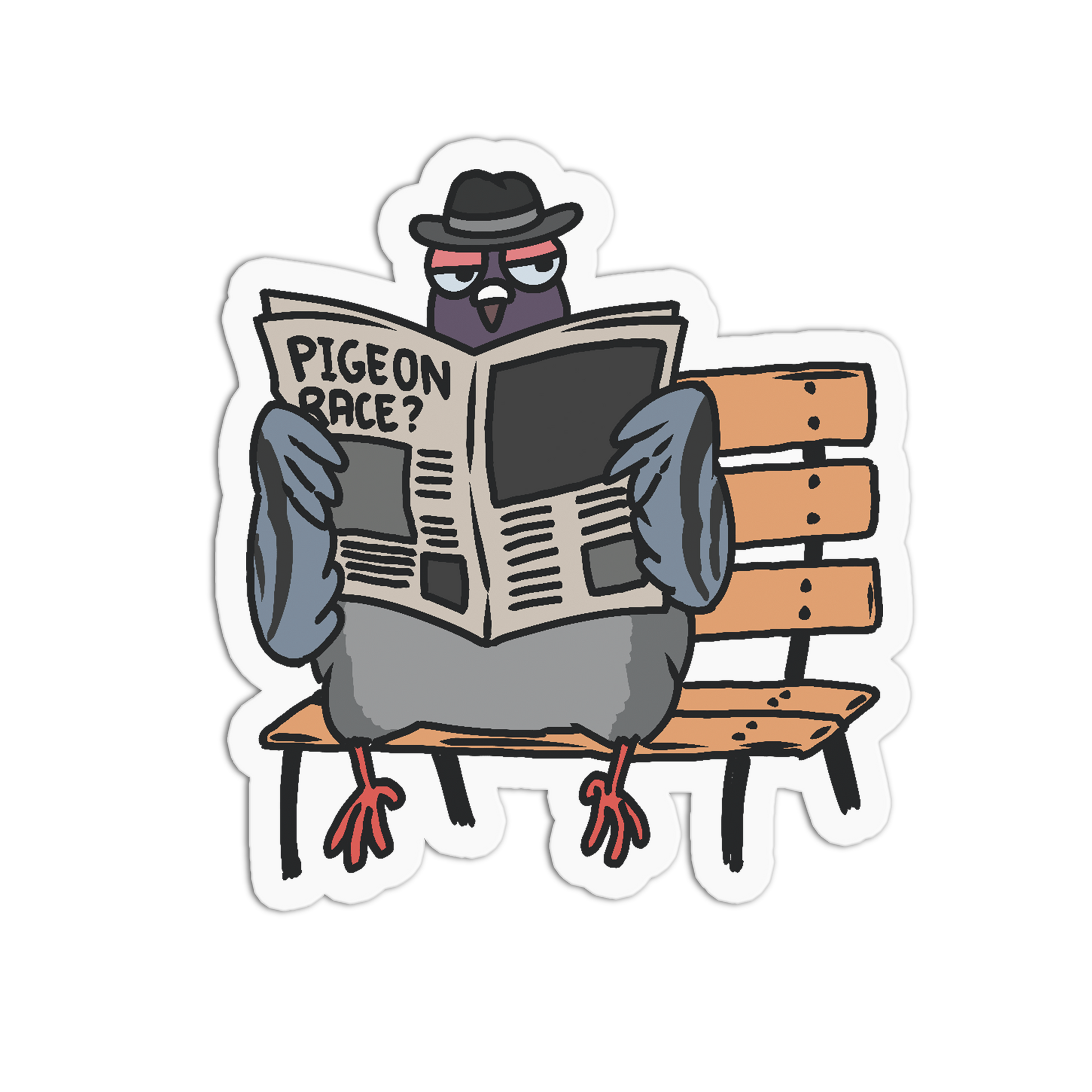A die-cut cartoon sticker of a pigeon sitting on a bench and reading a newspaper that says 'PIGEON RACE?'. The pigeon wears a black hat and red glasses.