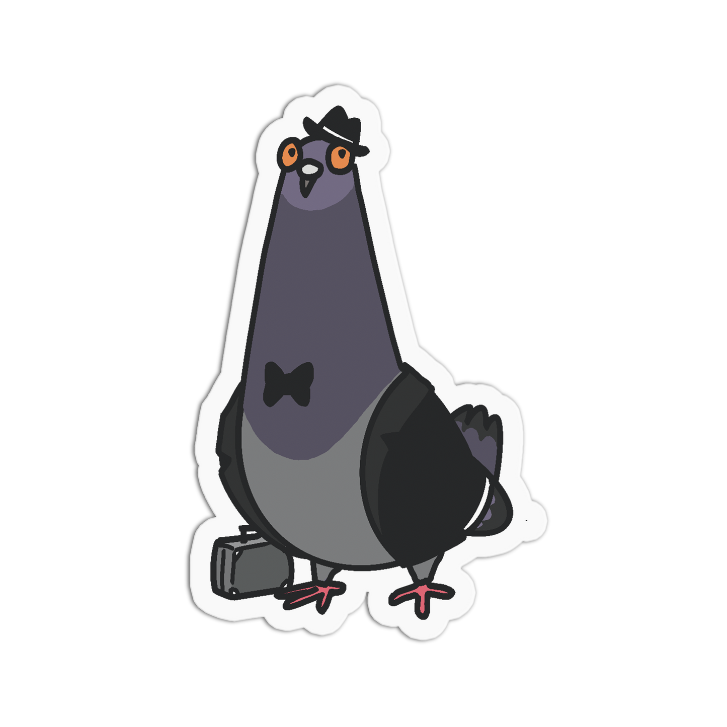 A cartoon pigeon sticker or decal shown on a plain white background. The pigeon is dark gray and black with orange eyes, wearing a small black hat and bow tie, and standing next to a small suitcase.