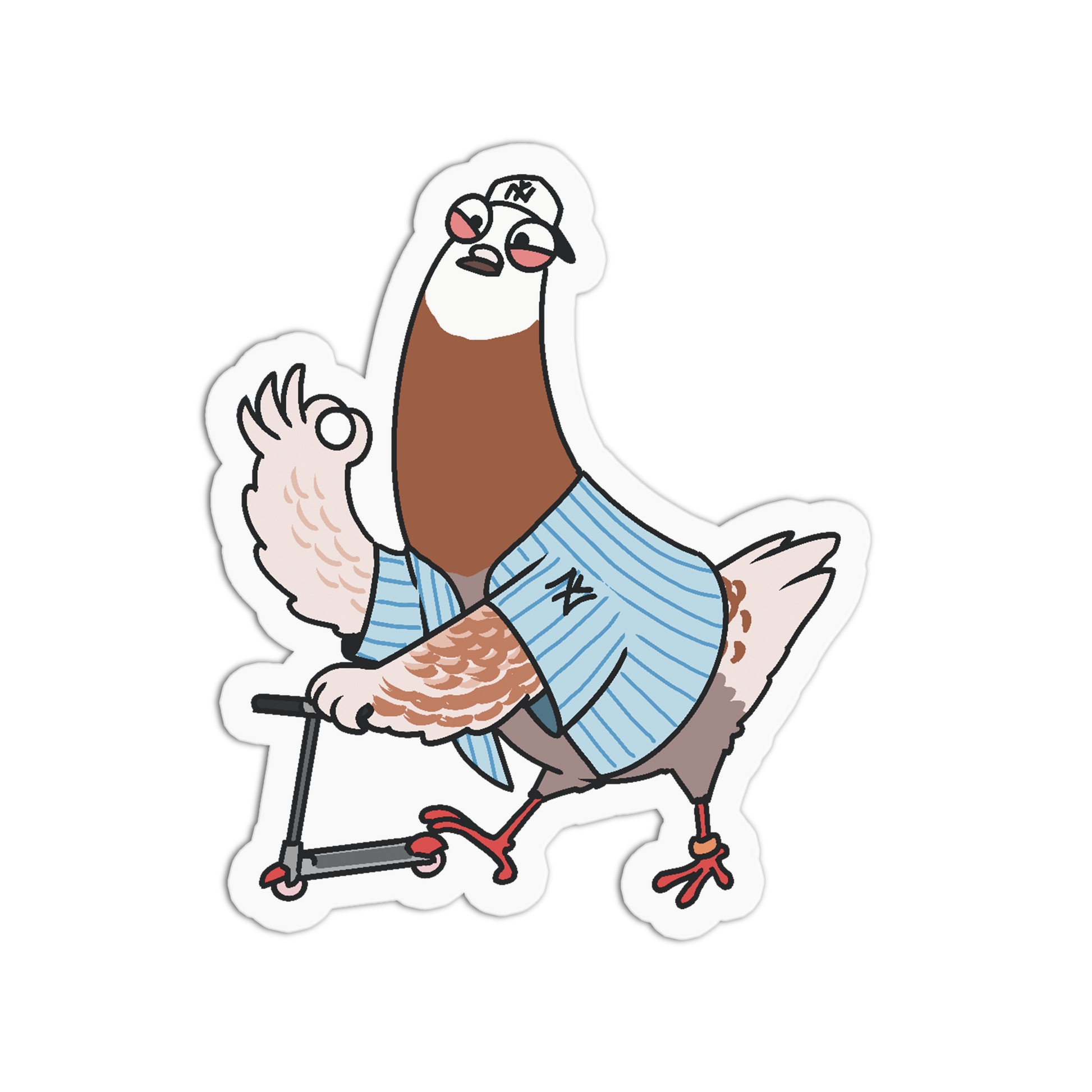 A die-cut cartoon sticker of a pigeon wearing a light blue striped jersey and riding a small scooter, shown on a plain white background.