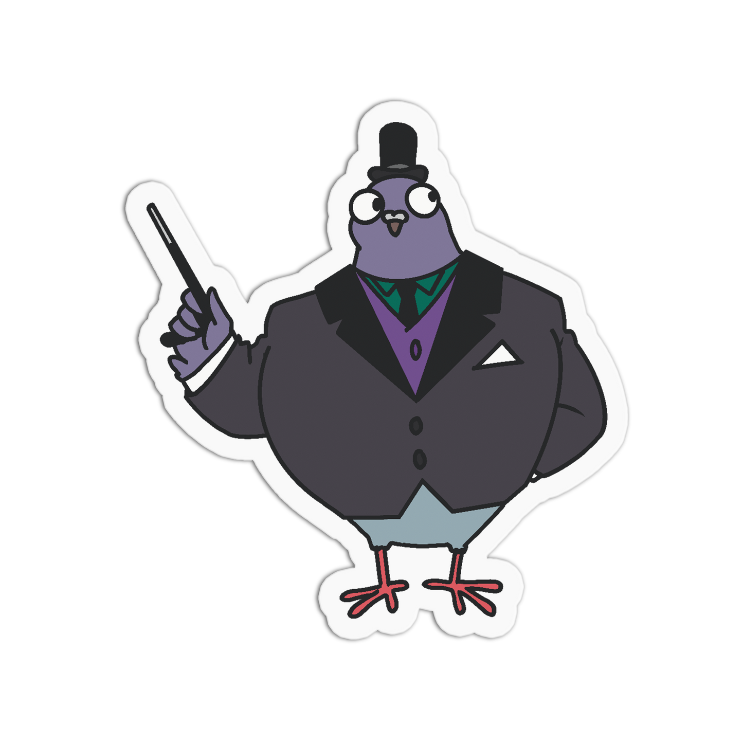 A die-cut cartoon sticker of a pigeon dressed in a formal black tuxedo with a top hat, green vest, purple shirt, and holding a cane, shown on a plain white background.