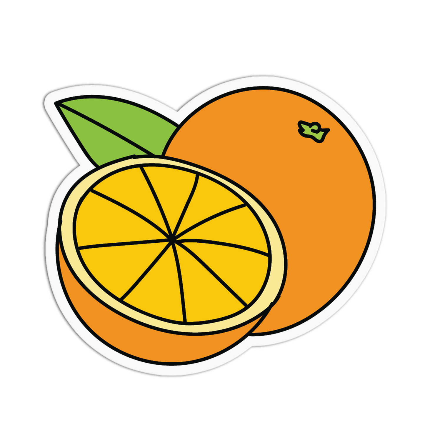 Illustration of an orange with a slice and a green leaf on a white background