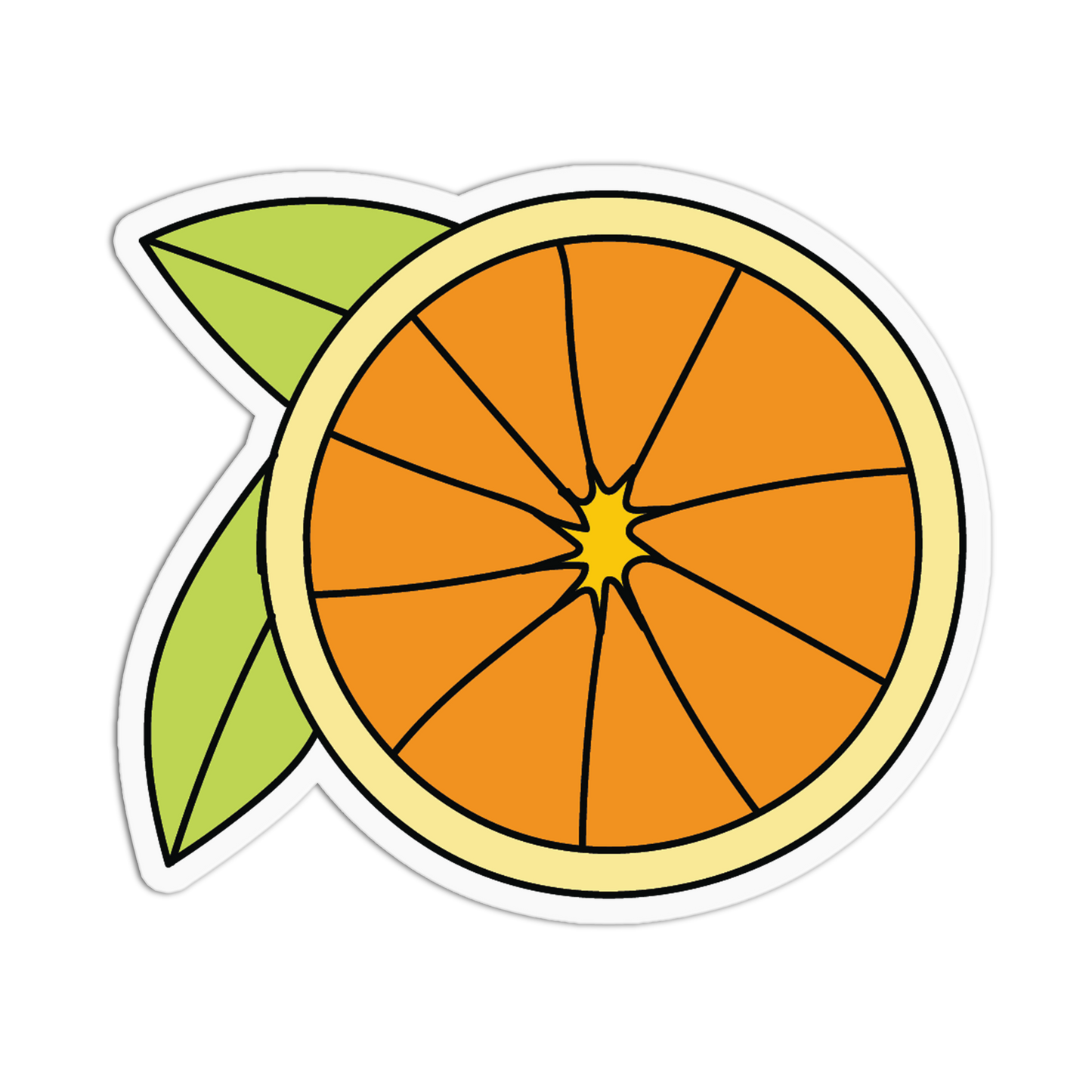 Cartoon-style orange with a green leaf on a white background