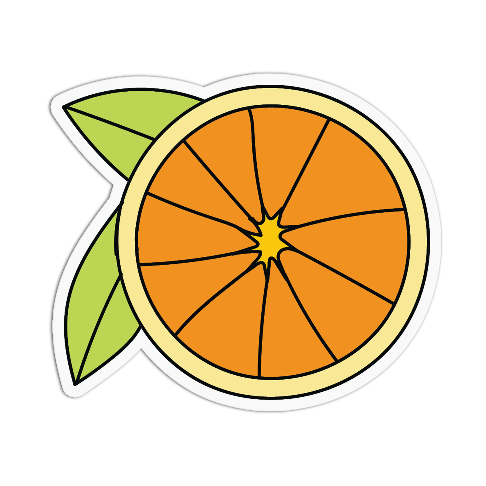Cartoon-style orange with a green leaf on a white background