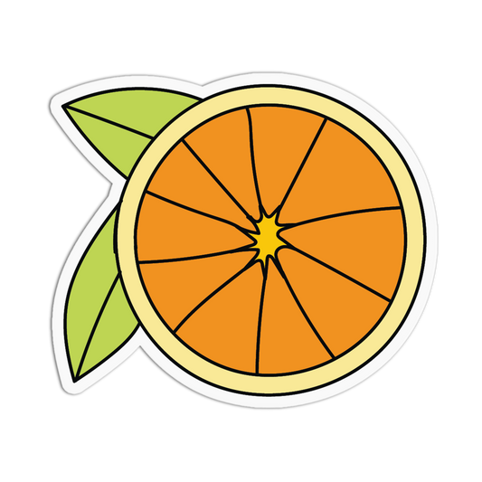 Cartoon-style orange with a green leaf on a white background