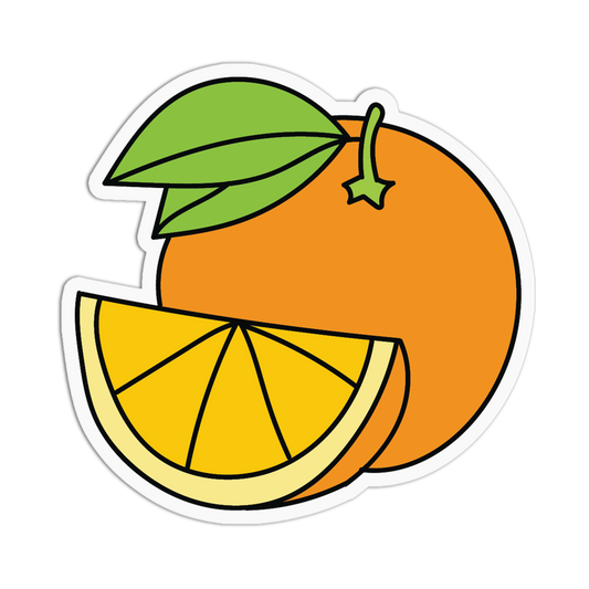 Illustration of an orange with a slice and a green leaf on a white background