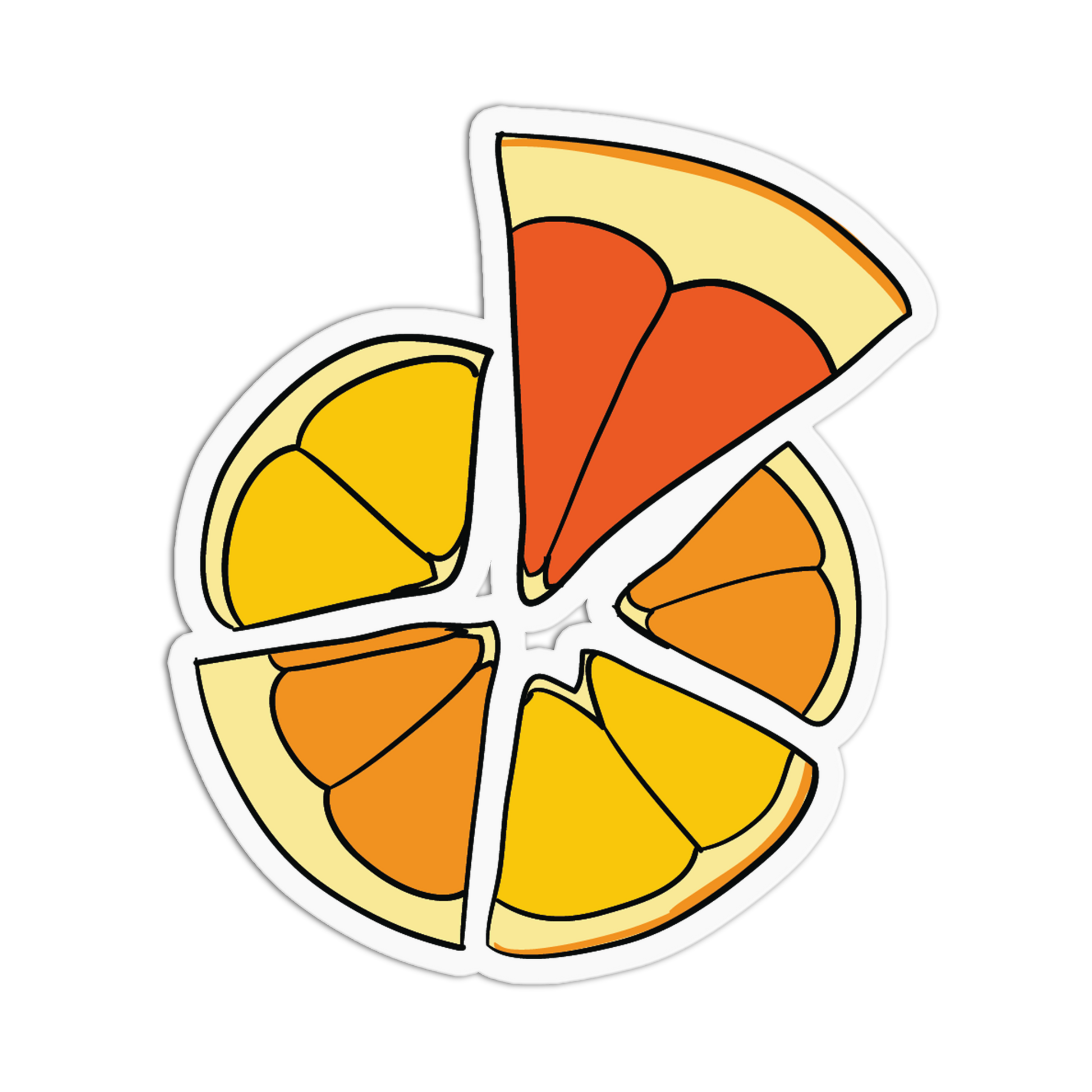Sliced orange with yellow and red segments on a transparent background