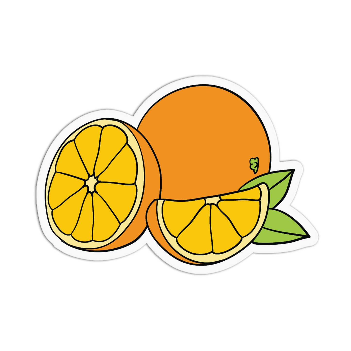 Illustration of an orange with a slice and leaves on a white background