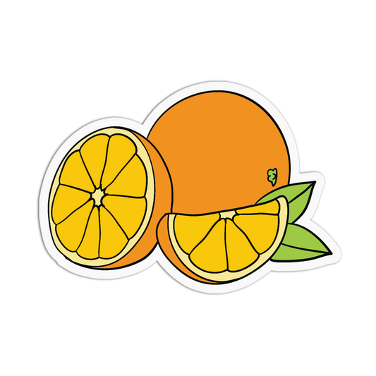 Illustration of an orange with a slice and leaves on a white background