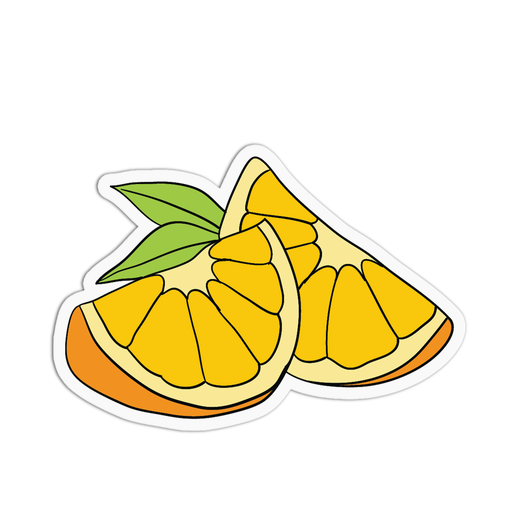 Illustration of a sliced orange with a green leaf on a transparent background