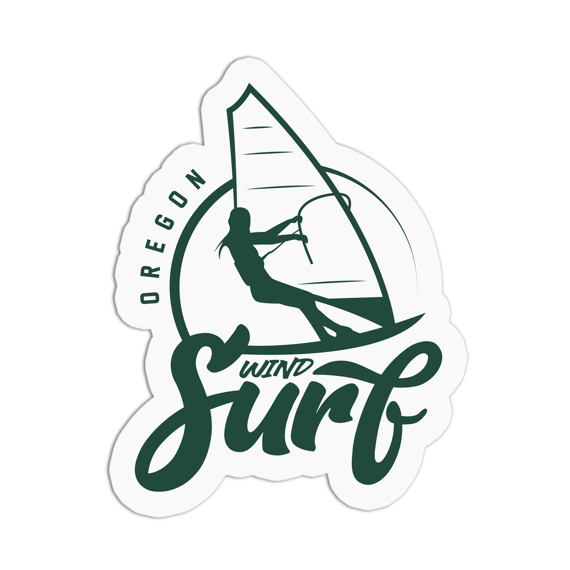 Sticker with 'Oregon Wind Surf' design featuring a windsurfer on a white background