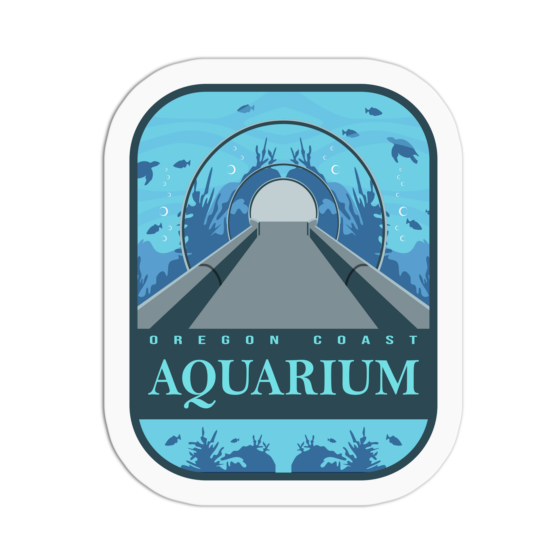 Sticker design of Oregon Coast Aquarium with underwater tunnel illustration