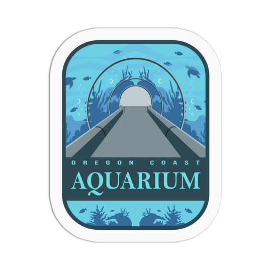 Sticker design of Oregon Coast Aquarium with underwater tunnel illustration