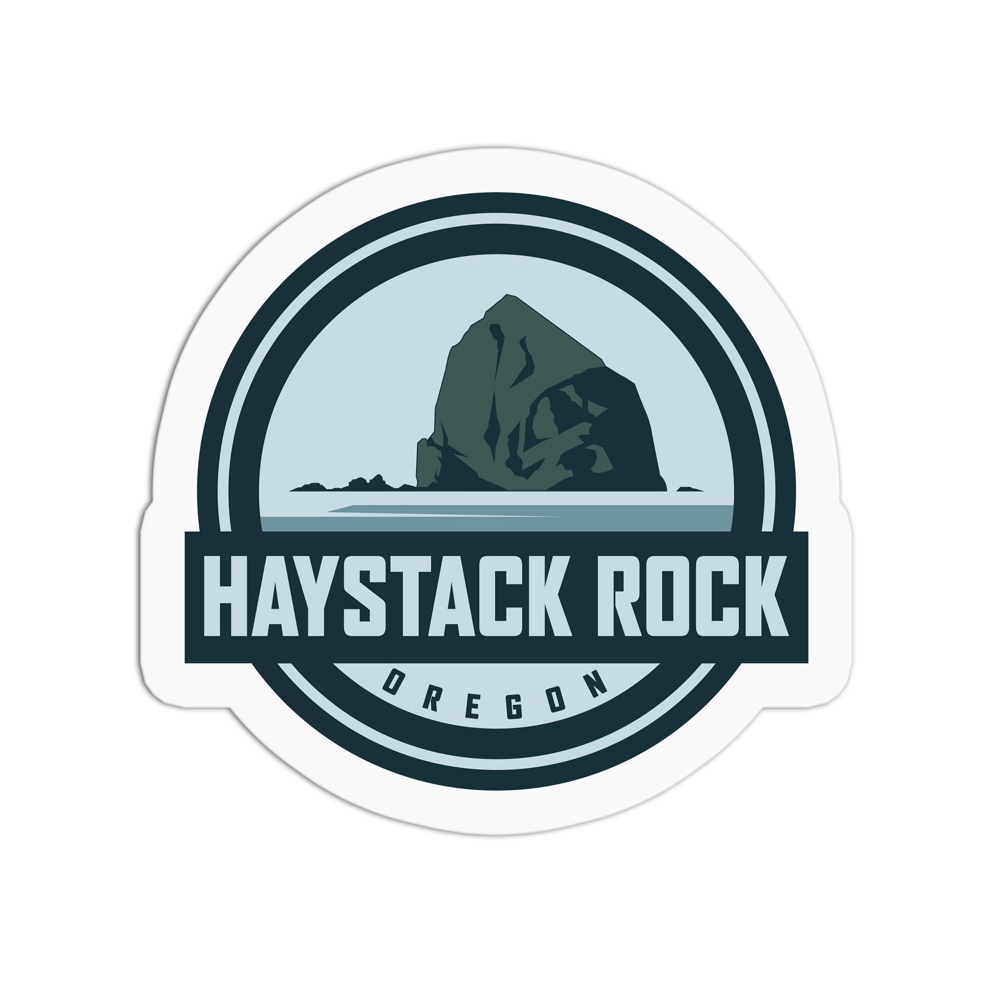 Sticker with 'Haystack Rock, Oregon' design on a white background