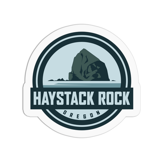 Sticker with 'Haystack Rock, Oregon' design on a white background