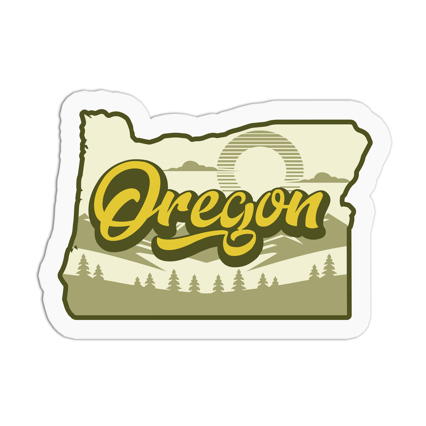Sticker with 'Oregon' text and landscape design on a white background