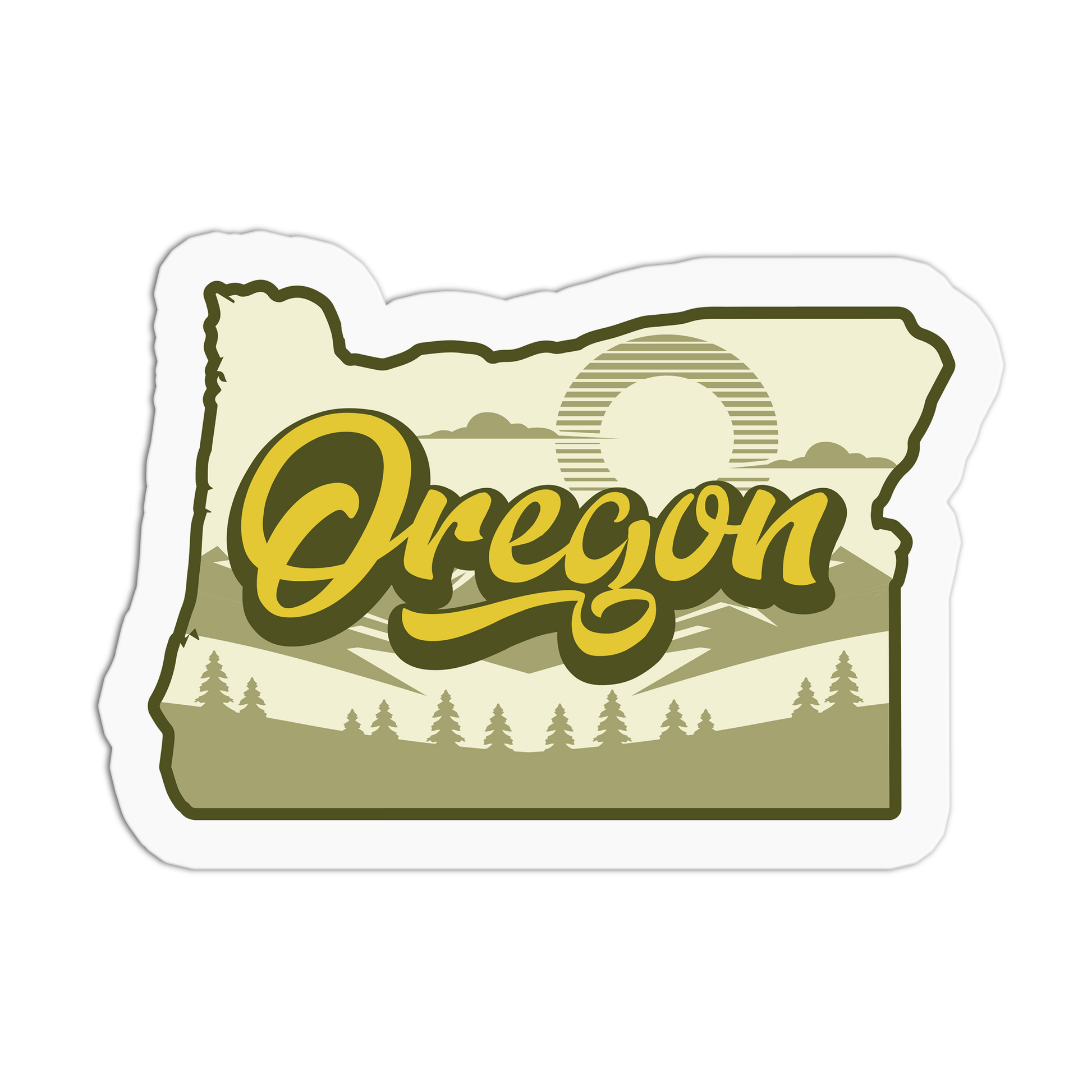 Sticker with 'Oregon' text and landscape design on a white background