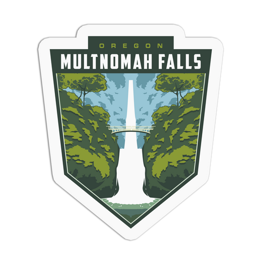 Sticker with 'Oregon Multnomah Falls' text and a scenic illustration of a waterfall.