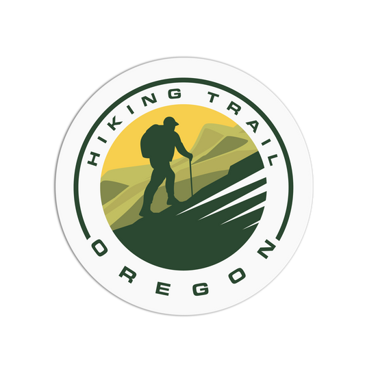 Logo for Hiking Trail Oregon with a silhouette of a hiker on a mountain.