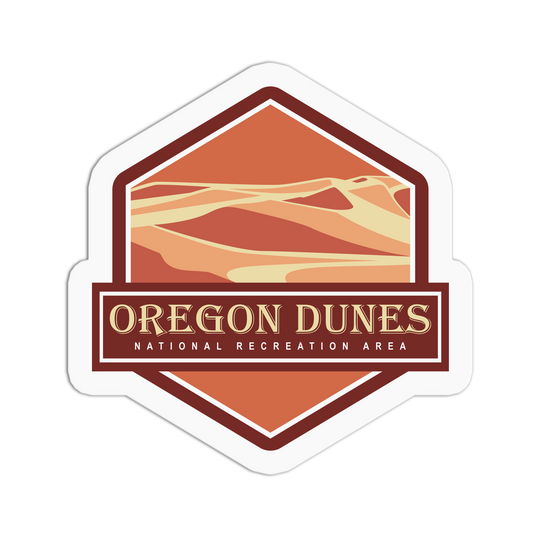 Oregon Dunes National Recreation Area logo with desert landscape design on a white background