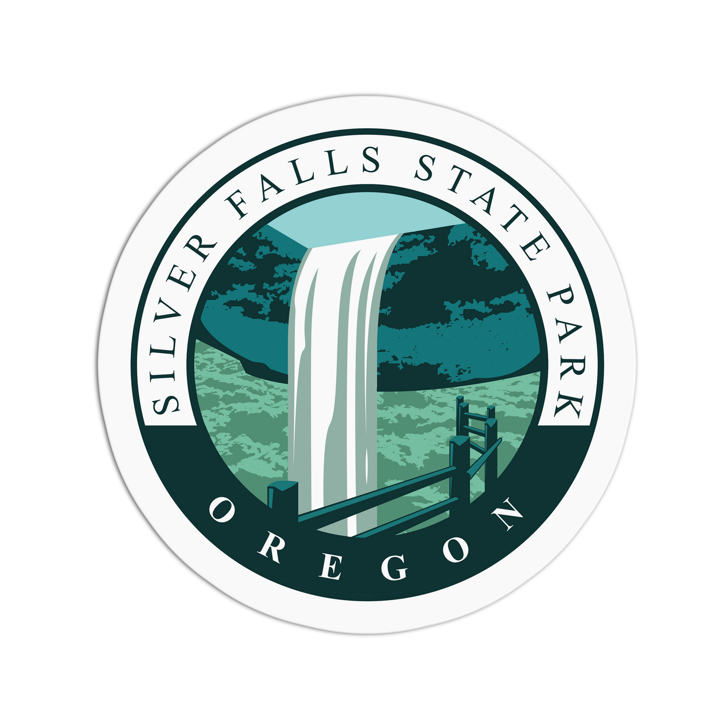 Logo of Silver Falls State Park, Oregon featuring a waterfall and greenery.