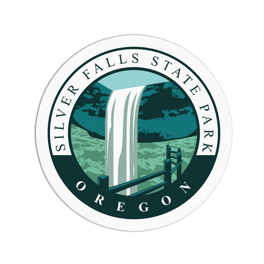 Logo of Silver Falls State Park, Oregon featuring a waterfall and greenery.