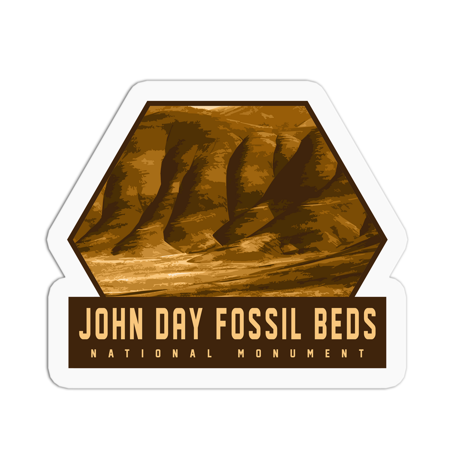 Sticker of John Day Fossil Beds National Monument with a brown hexagonal design on a white background.
